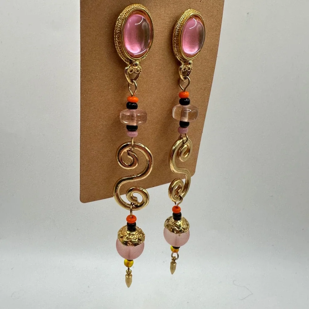 Vtg Pink Gold Tone Scroll Bead Long Drop Dangle Earrings Fairy Coquette Pink